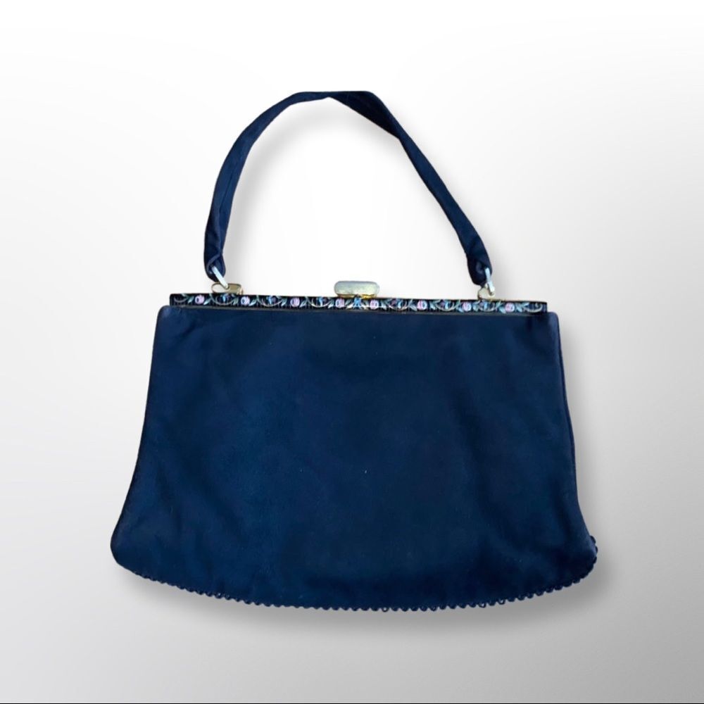 30s 40s Black Suede Evening Purse Handpainted Enamel & Gold VLV Vintage Art Deco